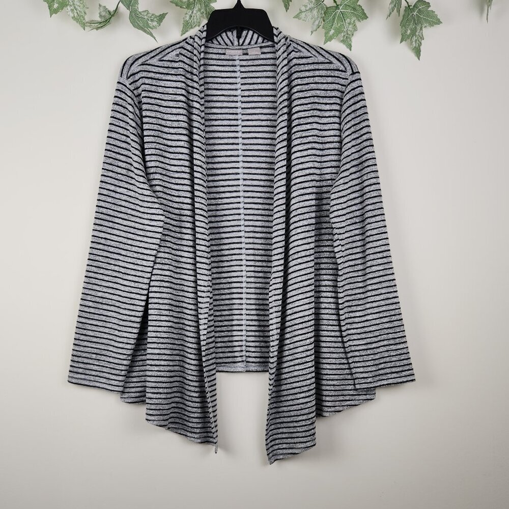 Chico's Zenergy Size 3 US 16/18 Soft Gray Black Striped Knit Open Front Cardigan